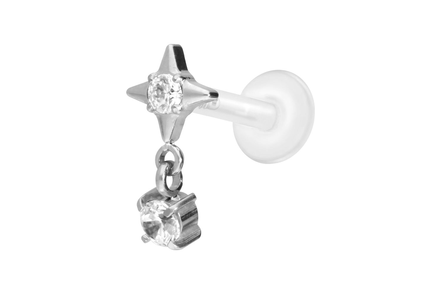 PTFE Labret Piercing mit Innengewinde + Titan-Aufsatz STERN + KRISTALL